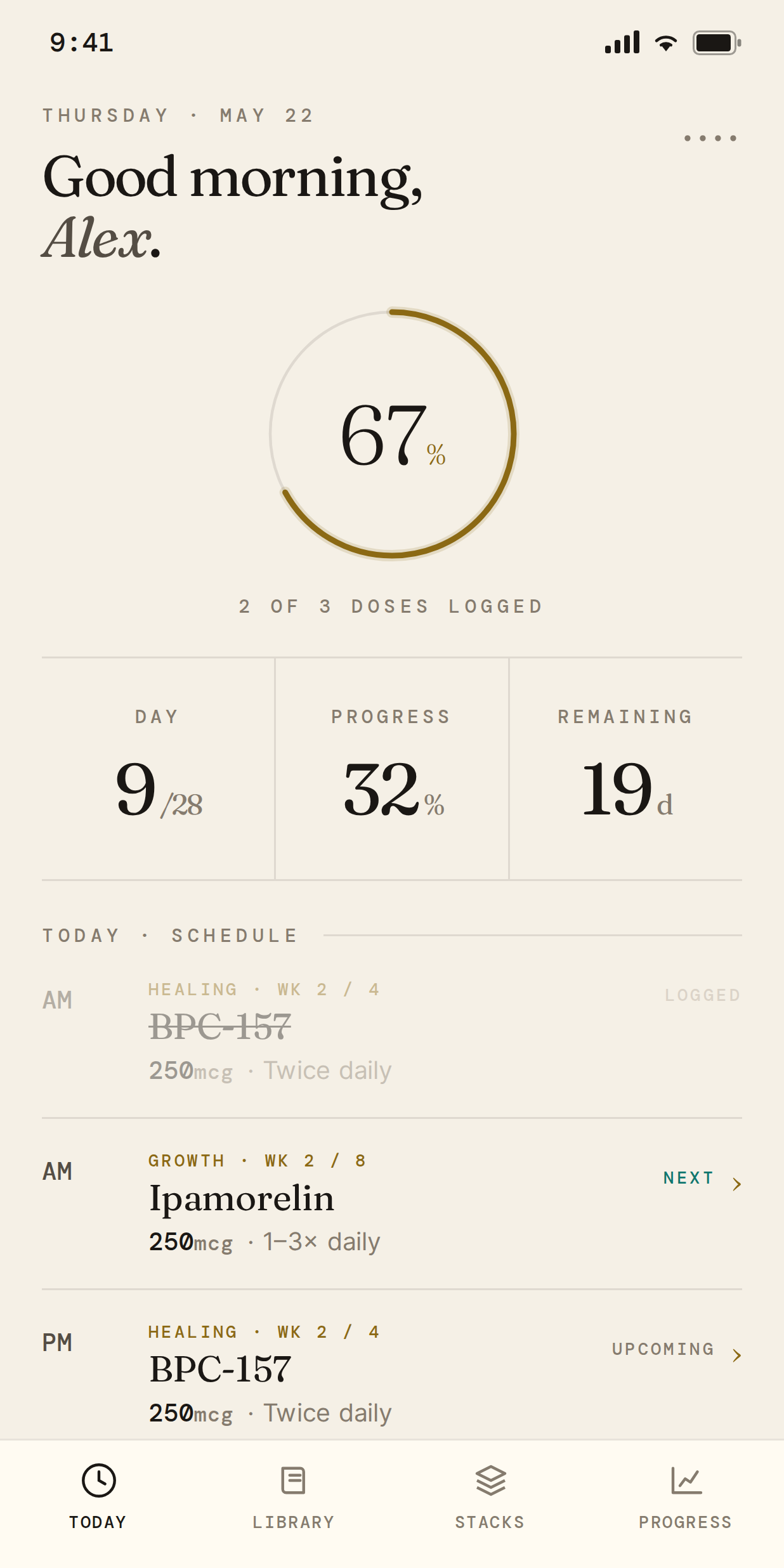 Helix Today screen showing the day's dose schedule